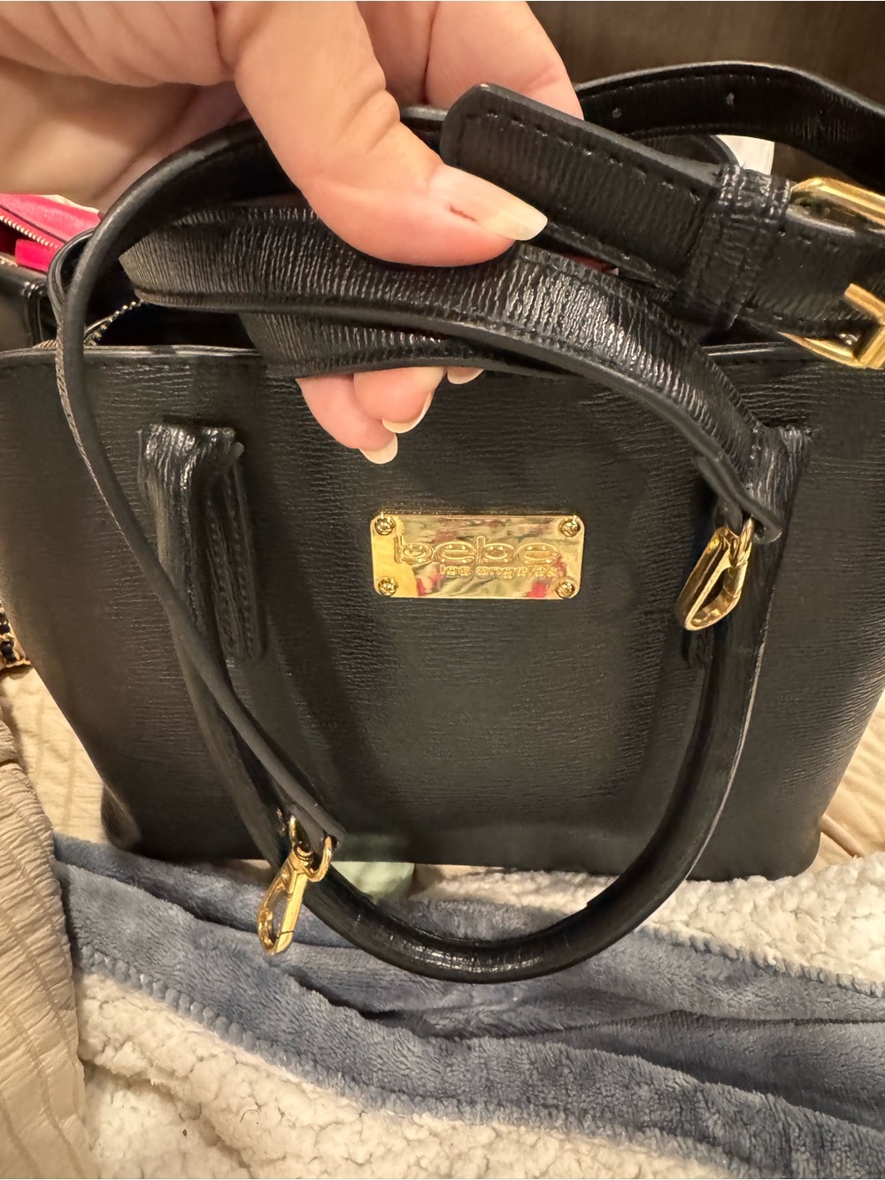 BEBE Black Tote Bag with Gold Hardware; EUC